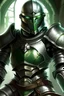 Placeholder: Please create an image for a warforged with a silver metallic body and green eyes. He must be wielding a shield.
