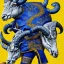 Placeholder: Book of Kells carpet page in blue and yellow colors, picture of a bighorn ram in armor and holding a football, a highly detailed illustration, realistic render, 8 k, micro detail, intricate, elegant, centered, digital painting, Artstation, smooth, sharp focus, illustration, artgerm