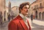 Placeholder: elegant brown haired man in firenze in red costume in sunshine, shading pastel and charcoal