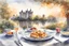 Placeholder: Brunch breakfast on an elegant table in the garden in the background, Castle on the Loire, lake, reflection, sunrise, Misty morning smooth intricate high definition beautiful lighting pencil sketch, marker pen strokes, watercolor polished warm light