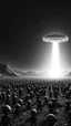 Placeholder: A land filled with hundreds of aliens in a bright light at the end of the picture a ufo object , cinematic, 8k, in black and white, fine line draw