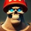 Placeholder: stunning disney Pixar cartoon, cartoon grumpy skull, full shot, confused eyes, realistic eyes, beautiful perfect symmetrical face, extremely detailed, ultra hd, hdr, 8k, cinematic, dramatic lighting, Stanley Artgerm Lau style, beautifully color-coded,studio Portrait Lighting, illuminated face, golfers hat, hair sticking out of hat, plain black background, no gradient color