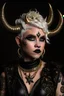 Placeholder: A young tiefling woman with a set of ram horns on her head encrusted with jewels, White-Blonde, short hair, black eyes, dressed in black with lots of jewelry, beautiful, satanic tattoos on her neck