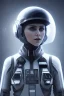 Placeholder: Black intergalactic pilot AnnaSophia Robb, portrait, bright white eyes, wearing high tech pilot helmet, beautiful face, white smoke, dark, rage, sorrow, high definition, ultra 8 k, volumetric lighting, blue fire, fog