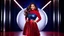 Placeholder: a pretty stage made of metallic blue-gray teme 3d recursive cubic and sphere base structures and a beautiful fashion model lady posing with joy and cute ,with dark red top and pretty pleated midi skirt ,makeup curvy long hair,dynamic camera zoom to full body and pan, dynamic lights.