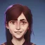 Placeholder: Portrait of a smiling 10 year old witch girl with brown hair with bangs and blue eyes