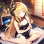 Placeholder: girl, masterpiece, best quality, volumetric lighting, detailed outfit, perfect eyes, golden hair, long hair, closed eyes, headphones on head, listening to music, smile, sitting, indoors, god rays, legs up to chest,