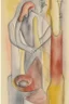 Placeholder: Pencil drawing and watercolour by Barbara Hepworth and Paul Klee grey and gold and red of a man playing the saxophone