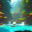 Placeholder: turquoise river, sun, waterfalls, fairy castle