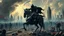 Placeholder: A chaotic cyberpunk interpretation of Bruegel's "The Triumph of Death", capturing the metaphorical harvest of humanity. A vast, dystopian metropolis under a toxic smog sky, where cybernetic grim reapers are executing a digital and physical harvest. Many of humans and transhuman citizens killed are overwhelmed by an army of cyber skeletal warrior androids, fight with humans, panicking people, bodies lying on the ground. In the foreground a cyber-death warrior in black hood on mecha-horse