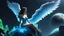 Placeholder: angel with a wings siting on the blue monolith made of blue tiberium crystals of lights, matrix universe, planets on the back grounds, green crystals of tiberium on the life and right