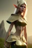 Placeholder: elven young woman, wearing light dress, visible ultradetailed cute femine face, visible and armonious legs and feet, luminous weather, field in the mountains, realistic 3d render, mortal kombat style, unreal engine