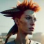 Placeholder: A beautiful portrait of a cyberpunk woman with lot's of grain on her skin red head with natural curly hair flying in the wind cyborg smiling facing camera orange color scheme, high key lighting, volumetric light high details with white stripes and feathers unreal 5, octane render, cinema4d, dynamic lighting, dramatic lighting, 4k, redshift render, highly detailed, hyper realistic