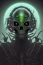 Placeholder: green alien, head, evil, black eyes, weapons, blood, 8k, finely detailed, photo realistic, HR Giger style turquoise skull head red Mohak Mexican alien moon skeleton sombrero Blackground