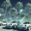 Placeholder: 1980's aesthetic vaporwave palm trees and spheres and glowing Porsche