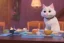 Placeholder: A cat wearing clothes is sitting at a table eating sushi. Manga style. Perfect iris. Paws. Mug with cat face