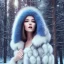 Placeholder: Woman in fur coat, ice, blue, forest, snow, beautiful, mountain, masterpiece, expert, 8K, hyperrealism, sharp focus, cinematic lighting