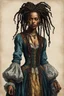 Placeholder: full body colored etching of an ornately dressed, malevolent, predatory vampire buccaneer girl from the French West Indies with highly detailed beaded dreadlock hair and facial features ,in the style of Rembrandt, Gian Lorenzo Bernini, and Johannes Vermeer, with a fine art aesthetic, highly detailed , realistic , 4k UHD