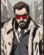 Placeholder: a young man with big muscles who looks like hans gruber wearing a heavy coat and red sunglasses staring with an irritated look on his face