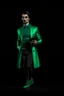 Placeholder: Modern guy, 20s, "holding ipad in left hand", looks like a renaissance painting, walking forward, full body, "persian green coat", blue pants, "right hand in to the ground". "Front facing" "forward view" black background