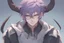 Placeholder: Young anime man with demon horns, fangs, messy purple hair and blue eyes