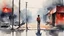 Placeholder: painting. watercolor. poor family. The street behind the red light. Working Child. salesman. minimal