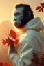 Placeholder: Ape portrait , white jogging suite, at dawn by atey ghailan, golden light , holding leaves and flowers , angels background, volumetric light, high detail, red leaf tree, mountains in background, perfect