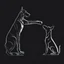 Placeholder: Striking one line art design featuring a side view of a Doberman dog and a man's raised hand in friendly fist bump. The man's arm is isolated, it emphasizes the bond and connection between the two. The Doberman has an affectionate expression. Intense black background. Simple but powerful design, symbolizes the connection between humans and pets