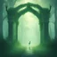 Placeholder: A tall archway in the mist of summerset through it magical deer glow eerie green, in zen illustration art style