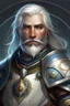 Placeholder: Please create an image for a 30-year old half-aasimar male with silver hair and a short, square beard and blue eyes. He is a cleric of Selune, whose symbol should be placed on the cleric's shield, if visible in the image. The cleric should be wearing either medium or heavy armor, and carrying a warhammer or a mace and a shield