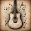 Placeholder: Hyper Realistic guitar sketch on a vintage paper with musical notes drawn on it & with vignette effect