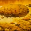 Placeholder: A golden orange colored fleet of airships in the sky designed in Lascaux cave paintings painted by Paul Cezanne