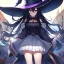 Placeholder: Clear focus, High resolution, Black long fluffy hair, purple eyes, wearing a witch outfit, wearing a white short skirt