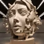 Placeholder: a huge sculpture with a surreal design in museum setting. It appears to be a human face, female, that is deconstructed into various pieces, with some elements such as the eyes, nose, and mouth still recognizable. The sculpture gives the illusion that parts of the face are suspended in air, disjointed from one another, creating a visual effect that plays with perception and the concept of form. The sculpture is made of golden mirror stainless steel. The sculpture is set on a pedestal