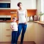 Placeholder: Realistic photo Russian shorthair beautiful tomboy boyish boylike young mother wide hips in kitchen