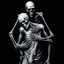Placeholder: The image is a dark, haunting, monochromatic artwork that portrays a skeletal figure embracing or overpowering a human-like strong male figure. The skeletal entity looms from behind, its bony arms wrapped around the human, who appears to be partially draped in tattered cloth and in a state of despair or submission. ...