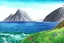 Placeholder: Colored pencil drawing of Norway, mountains, ocean, nature.