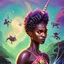 Placeholder: Stickee of afrowoman wirh unicorn and worms all around