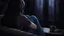 Placeholder: dark 3d anime style, close up in the foreground back to the camera a woman sitting on sofa with her knees pulled to her chest.. in comfortable t-shirt and jeans clothes.. her is normal body not too thin,,Her face is not visible at all. She long dark hair partially covering the side of her head. a headphones on her head and near a table with one mug and a mobilphone on table, heavy dark courtains covers window suggesting to shut out the outside world. She is facing the window,