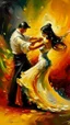 Placeholder: The flamenco dancer in white dress dancing in front of an acoustic guitar player oil painting with hard brush colors