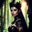 Placeholder: Morena Baccarin as a beautiful sexy dark elf queen seated elegantly on a throne in a mystical forest, dark celtic vignette frame, photo-realistic, cinematic lighting, award-winning photography