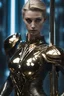 Placeholder: elizabeth debicki gynoid holding great sword, dramatic pose, by hajime sorayama and H.R. Giger, by Enki Bilal and Juan Jimenez, chrome, gold, blue glowing eyes, reflective metal, bokeh, depth of field, intricate details, octane render, photoreal, full length, 85mm, F1.4, Cinestill 800T, duotone,