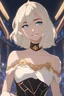 Placeholder: Woman with cream-colored hair covering one eye, vivid blue eyes, short party dress, short skirt, gold jewelry, smirking, dance club background, Cinder Fall, RWBY animation style