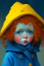 Placeholder: Doll, in a blue-yellow raincoat, with a blue hat, with red curls on her head, brown eyes