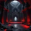 Placeholder: Subject: The lair and throne room of the red demon, Darkness, from Legend. A vast, cavernous underground palace of gothic grandeur and primordial decay. The architecture is a fusion of jagged, natural rock formations and profane, melted black stone, forming arches, pillars, and a massive, organic throne. The space is littered with piles of gold, jewels, and shattered relics that glimmer faintly. The only illumination comes from a few sickly, phosphorescent fungi and the hellish, ambient glow ema