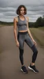 Placeholder: photography of a beautiful anorexic woman, grey satin triathlon top, sports illustrated, brunette short wavy bob haircut, pronounced sternum, flat chest, anthracite short leggins