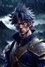 Placeholder: 3d anime warrior man portrait , detailed, sharp focus, mystic , dark colors, pale lights, rain, storm, sharp focus, mountain, crepy, dark fantasy landscape, random background, professional anime art