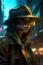 Placeholder: cyberpunk city scene with a character in a straw hat with square pilot goggles