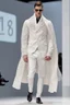 Placeholder: A guy on a winter fashion runway with moderna clothes inspired by Superman style, embroidery elegante fashion white tones