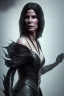 Placeholder: Sandra Bullock as evil queen in black leather gown, cleavage, angry, dominaneering, stern look unreal 5, octane render,cinema4d, dynamic lighting, dramatic lighting, 4k, redshift render, highly detailed, hyper realistic